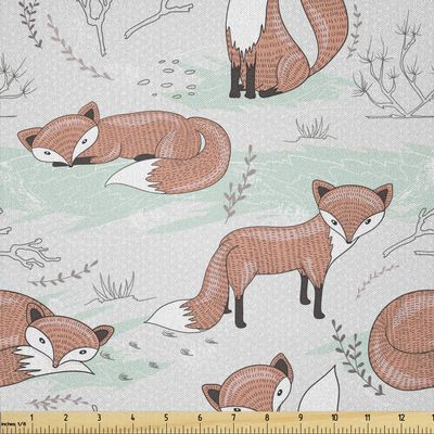 Lunarable Woodland Fabric by The Yard, Cartoon Style Foxes in a Rural Countryside Drawing of Nature, Microfiber Fabric for Arts and Crafts Textiles & Decor, 5 Yards, Grey Pale Orange Mint Green