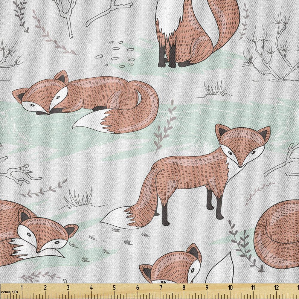 Lunarable Woodland Fabric by The Yard, Cartoon Style Foxes in a Rural Countryside Drawing of Nature, Microfiber Fabric for Arts and Crafts Textiles & Decor, 5 Yards, Grey Pale Orange Mint Green