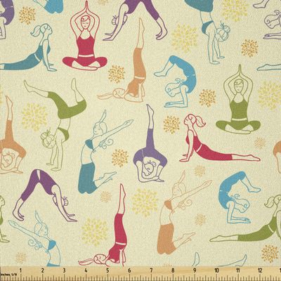 Lunarable Hipster Fabric by The Yard, Workout Fitness Ladies in Pilates Positions Colorful Design Repeating Pattern, Microfiber Fabric for Arts and Crafts Textiles & Decor, 1 Yard, Cream Multicolor