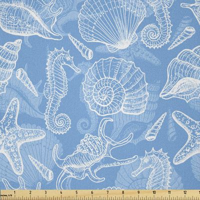 Lunarable Underwater Fabric by The Yard, Doodle Style Aquatic Pattern Shellfishes and Seahorse Retro Animal Design Marine, Microfiber Fabric for Arts and Crafts Textiles & Decor, 5 Yards, Blue White