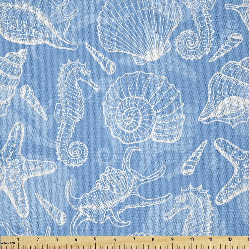 Lunarable Underwater Fabric by The Yard, Doodle Style Aquatic Pattern Shellfishes and Seahorse Retro Animal Design Marine, Microfiber Fabric for Arts and Crafts Textiles & Decor, 5 Yards, Blue White