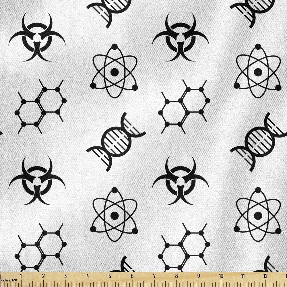 Lunarable Science Fabric by The Yard, Group of Monochrome Chemicaltom Molecule DNand Poison Pattern, Microfiber Fabric for Arts and Crafts Textiles & Decor, 1 Yard, Black White