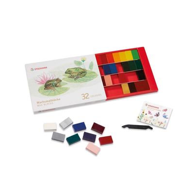 STOCKMAR Beeswax Block Crayons, Set of 32 Assorted Colors with a Scraper in Sturdy Box Break-Resistant Wax Blocks with Natural Beeswax, Smooth Application Professional Art Supplies for Artists