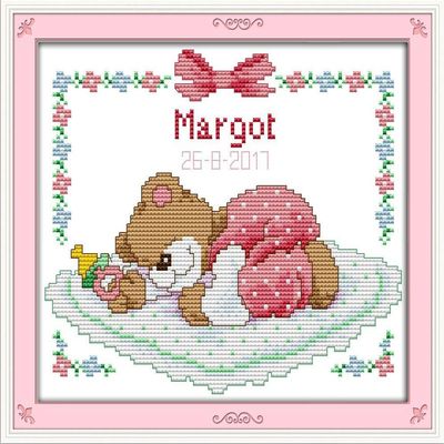 CaptainCrafts Cross Stitch Kits Counted Cross Stitch Unprinted Fabrics Cross Stitching DIY Art DMC Needlecrafts Embroidery Kit for Adults (White, Sleeping Baby Bear (Pink))