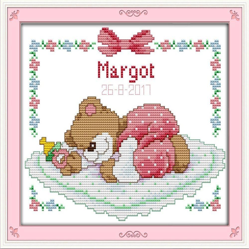 CaptainCrafts Cross Stitch Kits Counted Cross Stitch Unprinted Fabrics Cross Stitching DIY Art DMC Needlecrafts Embroidery Kit for Adults (White, Sleeping Baby Bear (Pink))