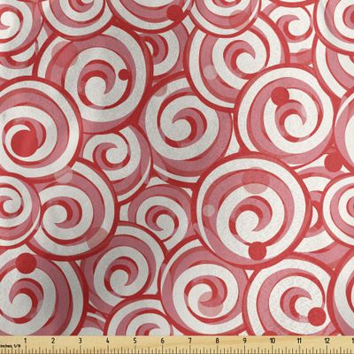 Lunarable Candy Cane Fabric by The Yard, Christmas Season Pattern Swirled Candy Design Winter Holiday, Decorative Satin Fabric for Home Textiles and Crafts, 1 Yard, Coral and Ivory