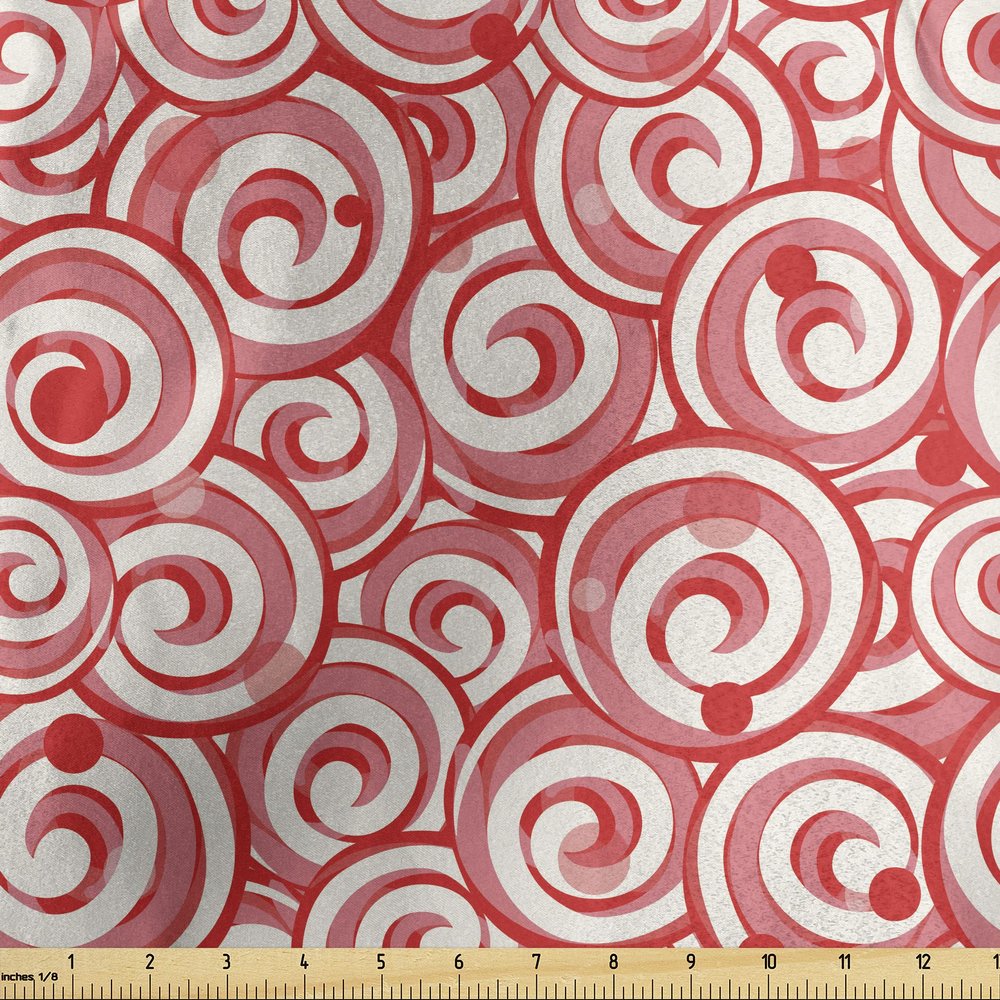 Lunarable Candy Cane Fabric by The Yard, Christmas Season Pattern Swirled Candy Design Winter Holiday, Decorative Satin Fabric for Home Textiles and Crafts, 1 Yard, Coral and Ivory