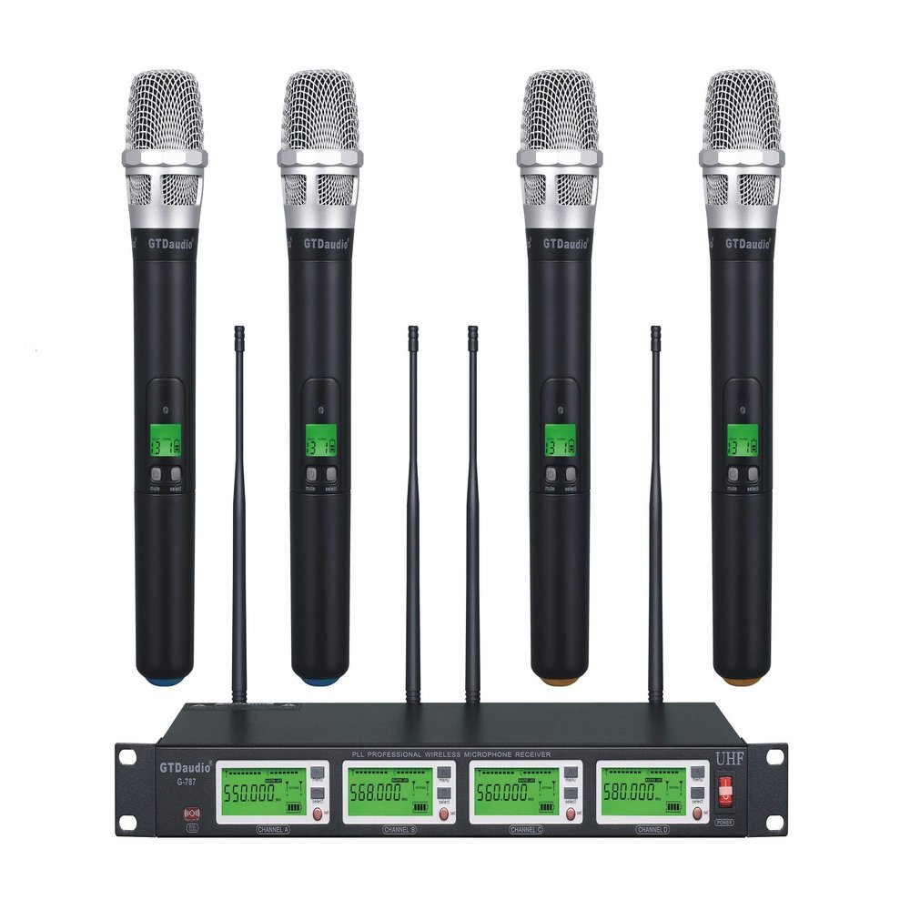 GTDaudio 4x800 Adjustable Channels UHF Diversity Wireless Cordless Handheld Microphone Mic System Ideal for Church, Karaoke, Dj Party, Range 450ft (4 Handheld Mics)