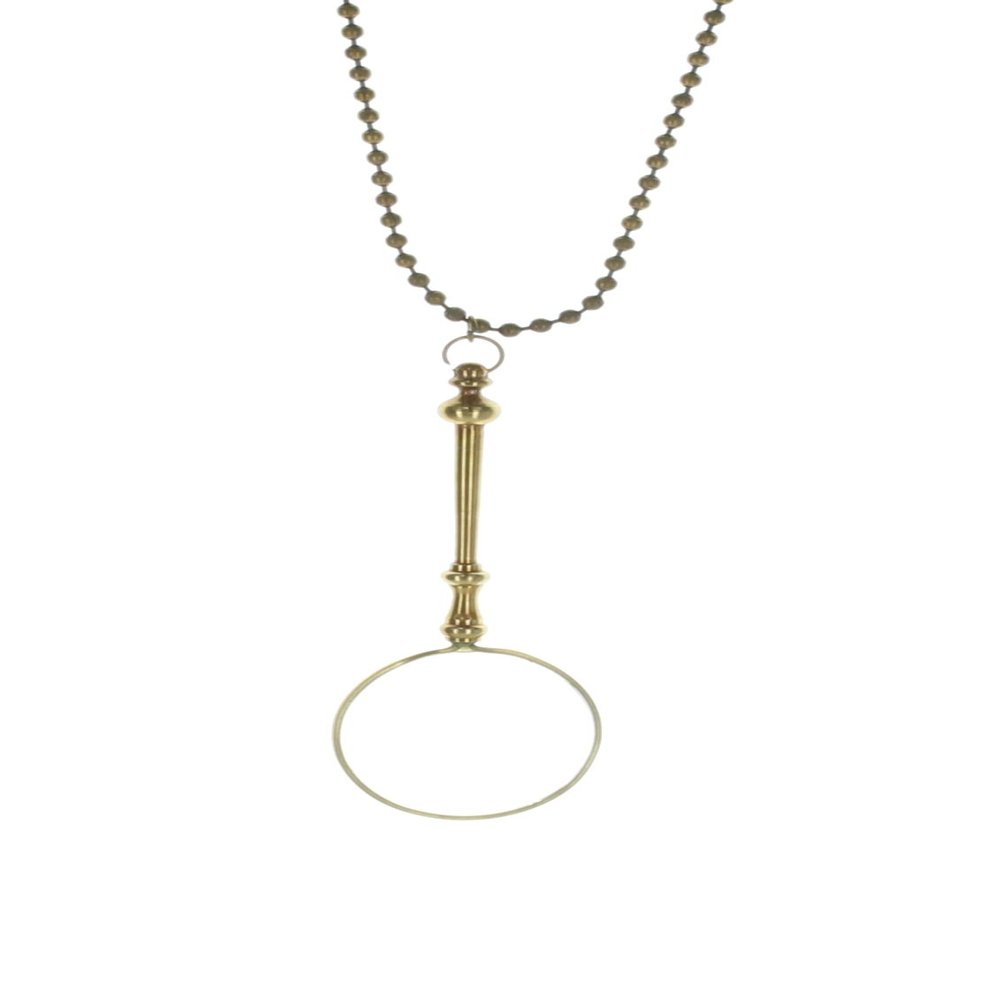 Magnifying Glass Pendant Necklace, Brass, 40" Necklace