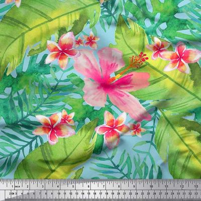 Soimoi Blue Velvet Fabric Leaves & Plumeria Flower Tropical Print Fabric by The Yard 56 Inch Wide