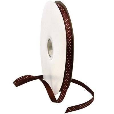 MorexRibbon, Swiss Dot Grosgrain, 3/8 inches by 100 Yards, Brown with Pink dot