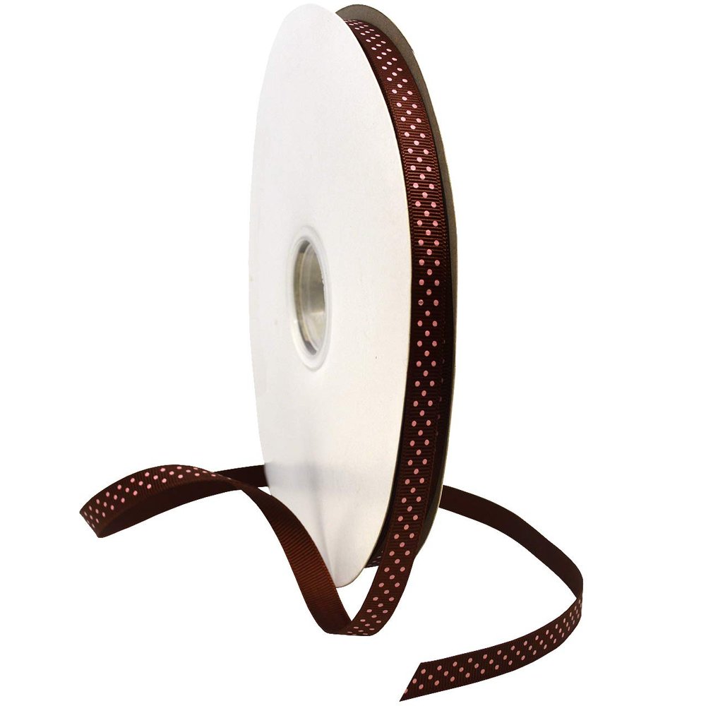 MorexRibbon, Swiss Dot Grosgrain, 3/8 inches by 100 Yards, Brown with Pink dot