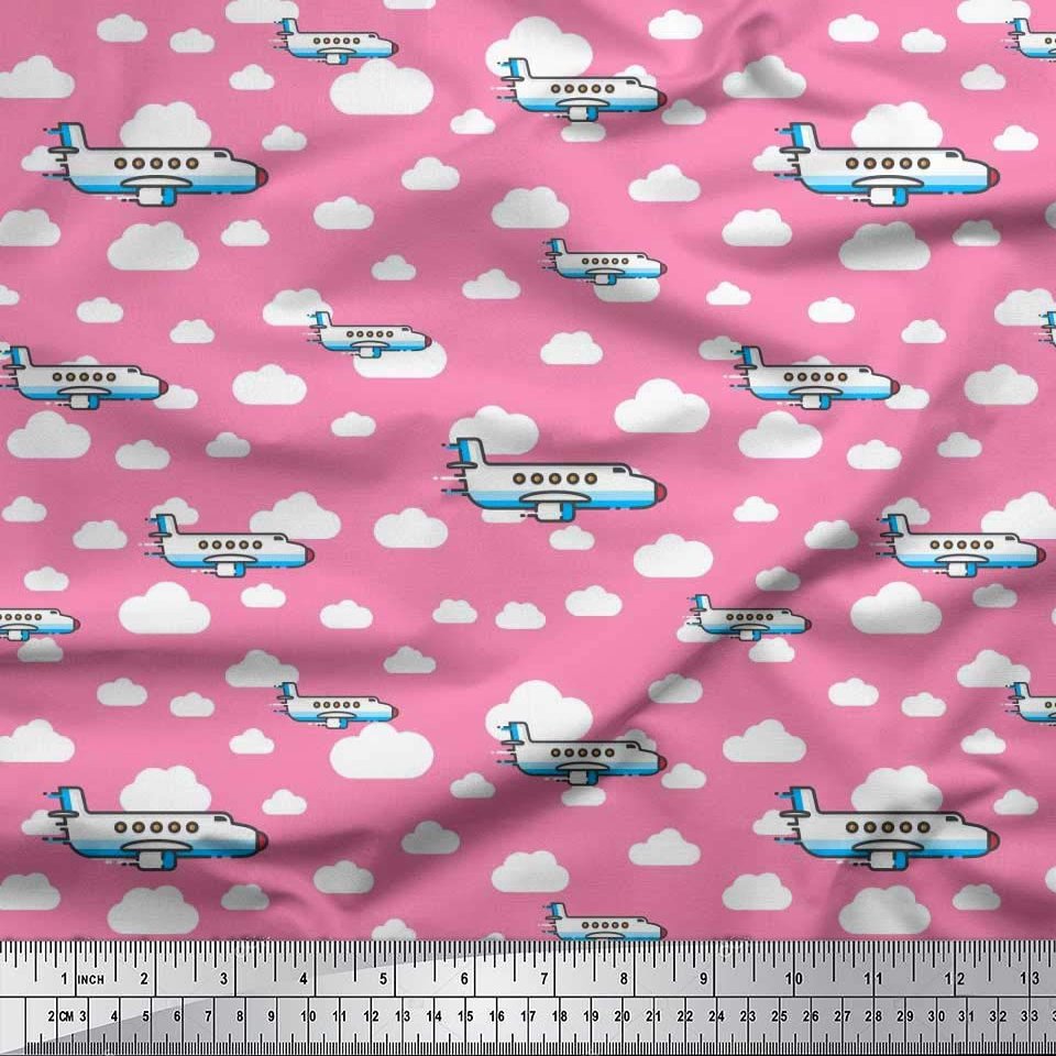 Soimoi Polyester Crepe Pink Fabric - by The Yard - 52 Inch Wide - Clouds & Airplane Transport Cloth - Sky-Inspired and Travel Fusion for Stylish Creations Printed Fabric