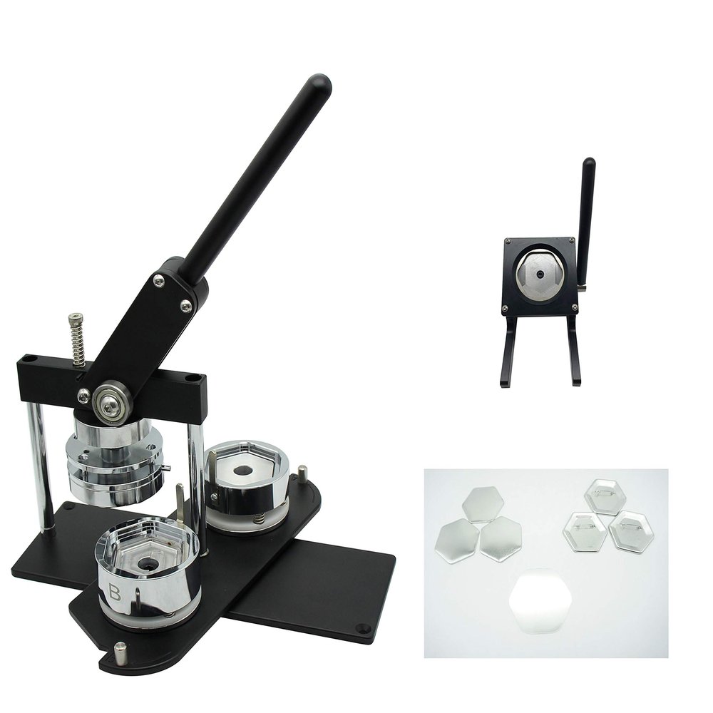 ChiButtons (KIT) Hexagonal 65x58mm Pro Badge Machine Button Maker-B400 + Mould + 100 Parts + Black Stand Cutter Metric System (Black)