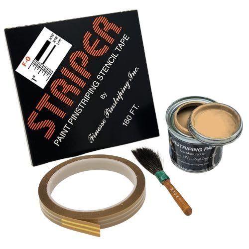 Automotive Pinstriping KIT - Stencil/Brush/Paint - Pinstripe Your Car/Truck - Results: 3/16 inch Stripe, 3/16 inch Space, 1/16 inch Stripe (Imitation Gold, 42 Foot roll)