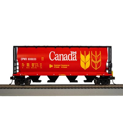 Canadian 4-Bay Cylindrical Grain Hopper with Flashing End of Train Device Canada Grain (Red) - HO Scale