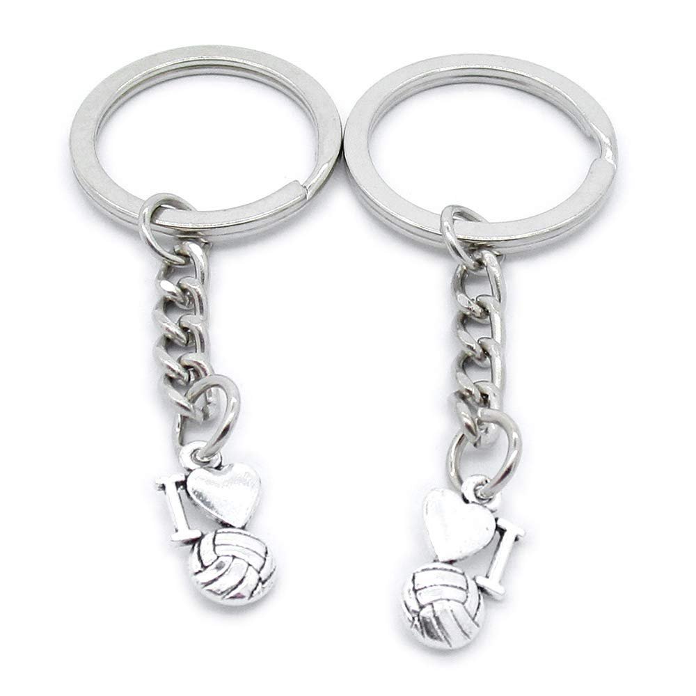 100 PCS Antique Silver Keyrings Keychains Key Ring Chains Tags Clasps AA461 I Love Volleyball