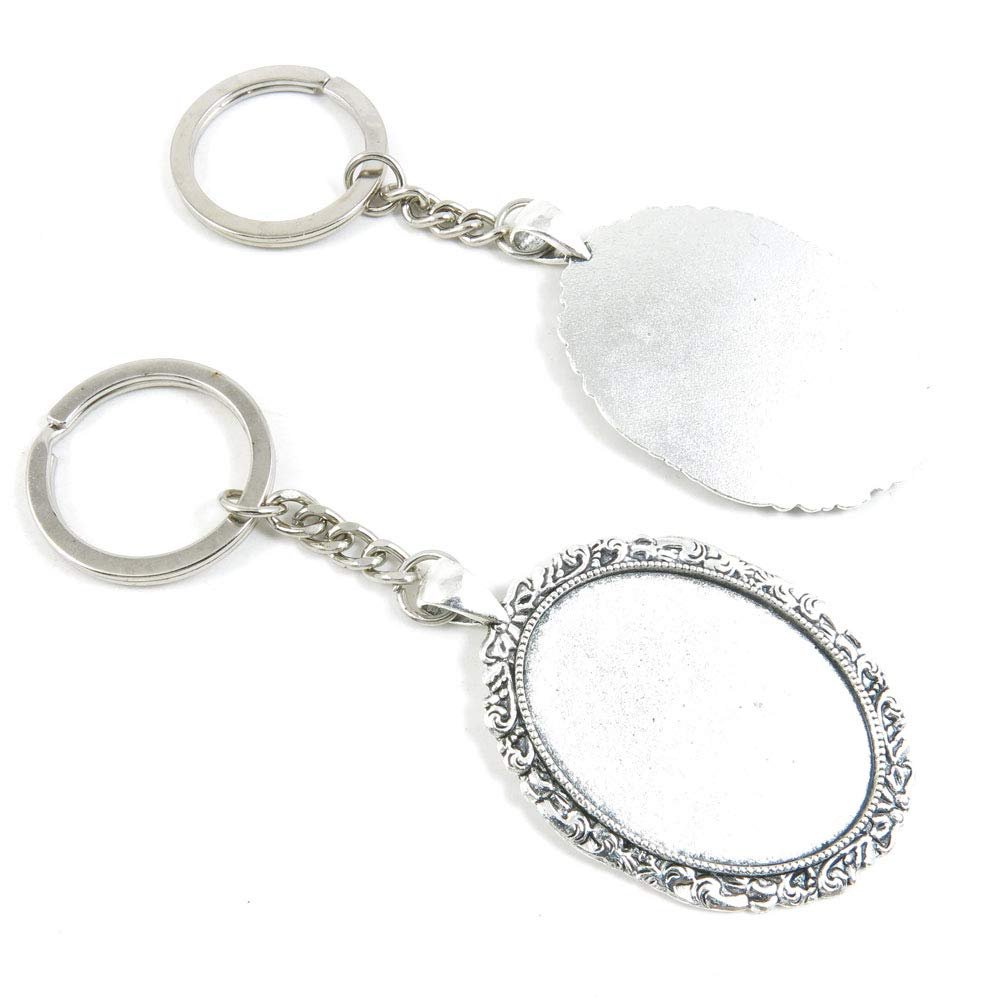 100 PCS Antique Silver Keyrings Keychains Key Ring Chains Tags Clasps C7SY1 Oval Cabochon Frame Blanks 40x30mm
