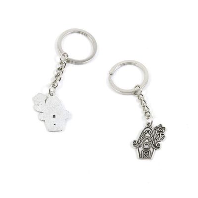 100 PCS Antique Silver Keyrings Keychains Key Ring Chains Tags Clasps K7TD9 Cartoon Elf House