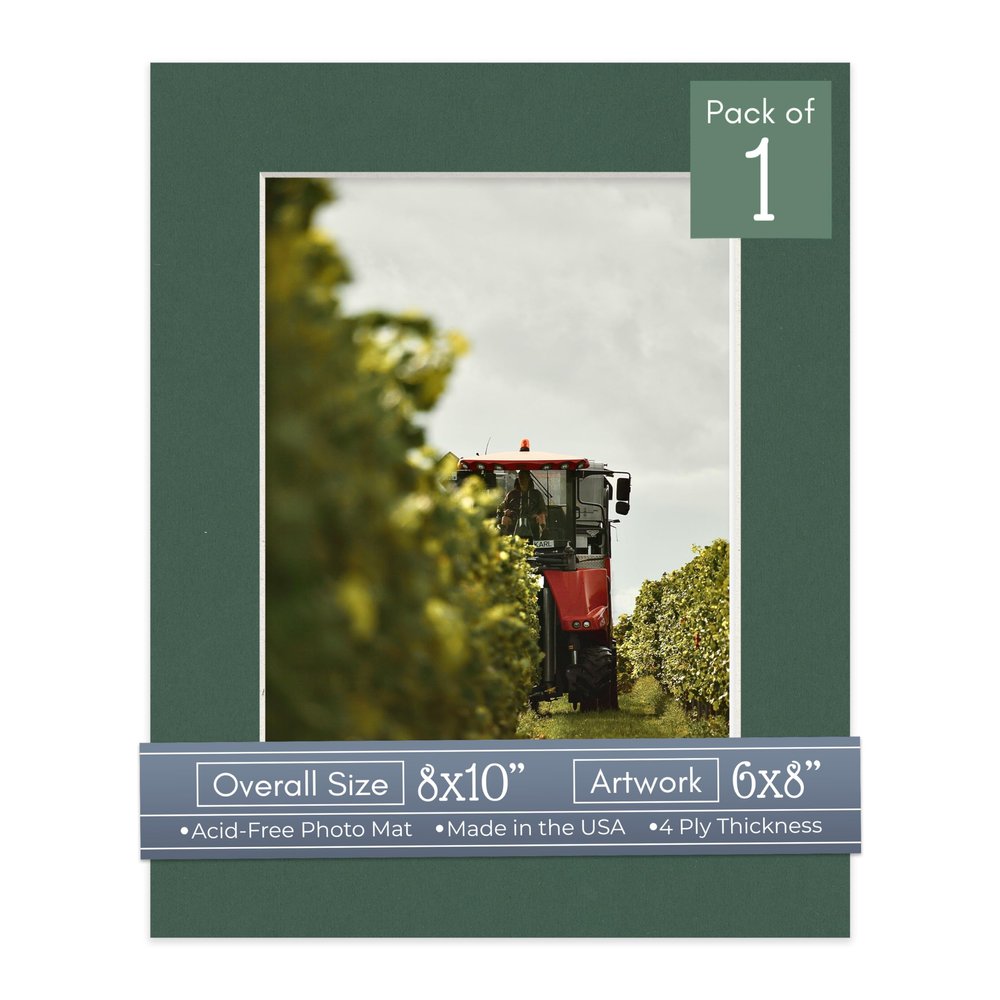 CountryArtHouse Hunter Green Acid Free 8x10 Picture Frame Mats with White Core Bevel Cut for 6x8 Pictures - Fits 8x10 Frame - One Mat