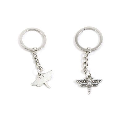 100 PCS Antique Silver Keyrings Keychains Key Ring Chains Tags Clasps M5BC7 Dragonfly