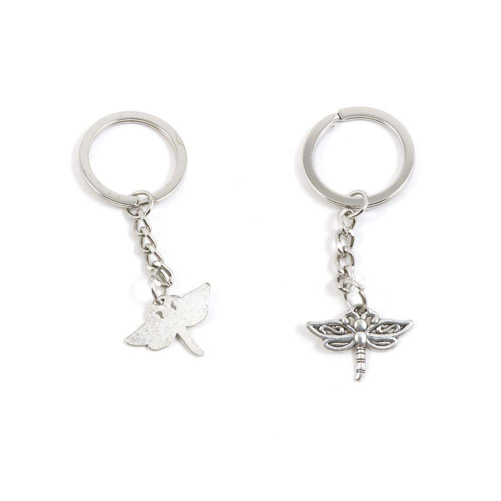 100 PCS Antique Silver Keyrings Keychains Key Ring Chains Tags Clasps M5BC7 Dragonfly