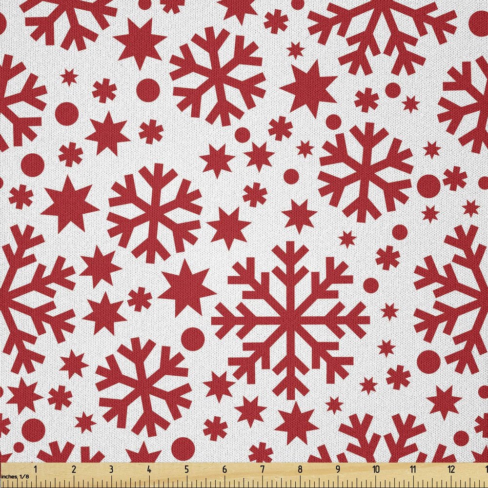 Ambesonne Snowflake Fabric by The Yard, Stars 7 Pointed Stars and Dots Pattern Abstract Motifs New Year Illustration, Microfiber Fabric for Arts and Crafts Textiles & Decor, 2 Yards, White Red