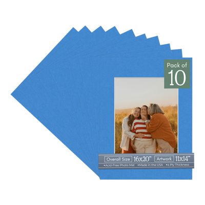 CountryArtHouse Bay Blue Acid Free 16x20 Picture Frame Mats with White Core Bevel Cut for 11x14 Pictures - Fits 16x20 Frame - Pack of 10 Mats