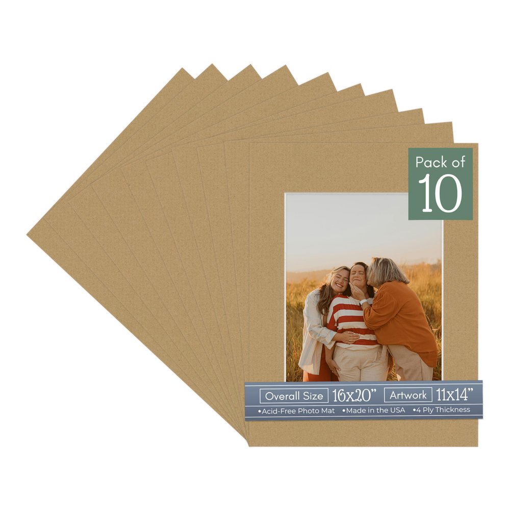 CountryArtHouse Rattan Acid Free 16x20 Picture Frame Mats with White Core Bevel Cut for 11x14 Pictures - Fits 16x20 Frame - Pack of 10 Mats - with Bags & Backings