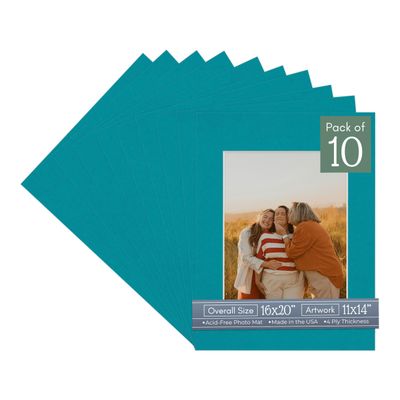 CountryArtHouse Teal Acid Free 16x20 Picture Frame Mats with White Core Bevel Cut for 11x14 Pictures - Fits 16x20 Frame - Pack of 10 Mats - with Bags & Backings