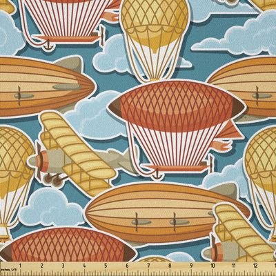 Ambesonne Vintage Airplane Fabric by The Yard, Zeppelin Hot Air Balloon Blimp and Propeller Plane Pattern in Cloudy Sky, Microfiber Fabric for Arts and Crafts Textiles & Decor, 3 Yards, Multicolor