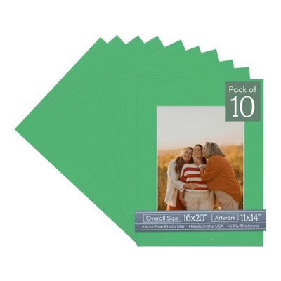 CountryArtHouse Bright Green Acid Free 16x20 Picture Frame Mats with White Core Bevel Cut for 11x14 Pictures - Fits 16x20 Frame - Pack of 10 Mats - with Bags & Backings