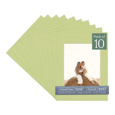CountryArtHouse 11x14 Precut Picture Frame Mats, White Core Bevel Cut, Acid Free 4-Ply Mat Board Fits 8x10 Photos, Professional Photo Mat Inserts for Frames & Gallery Wall, Pistachio, Pack of 10