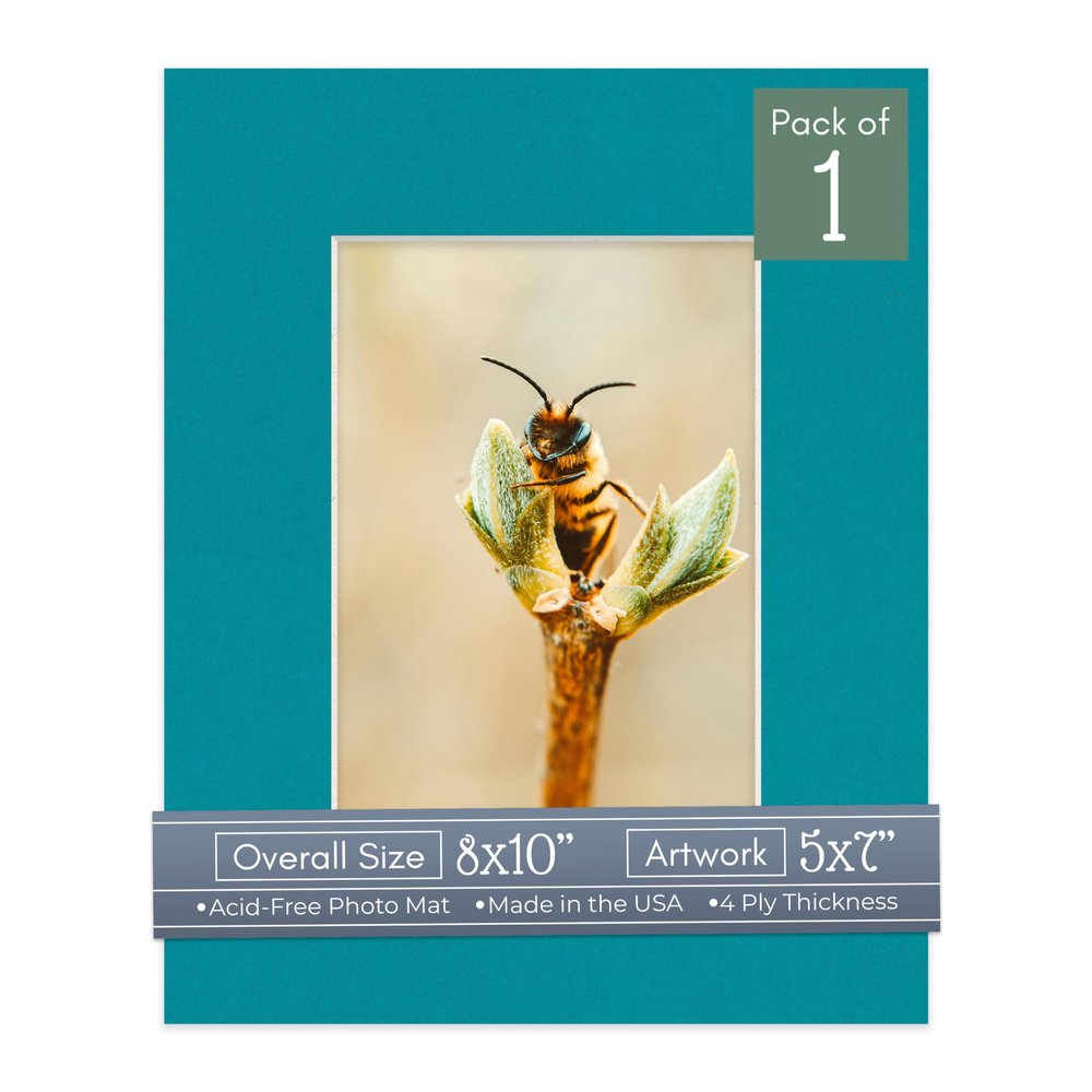 CountryArtHouse Teal Acid Free 8x10 Picture Frame Mats with White Core Bevel Cut for 5x7 Pictures - Fits 8x10 Frame - One Mat - With Bag & Backing