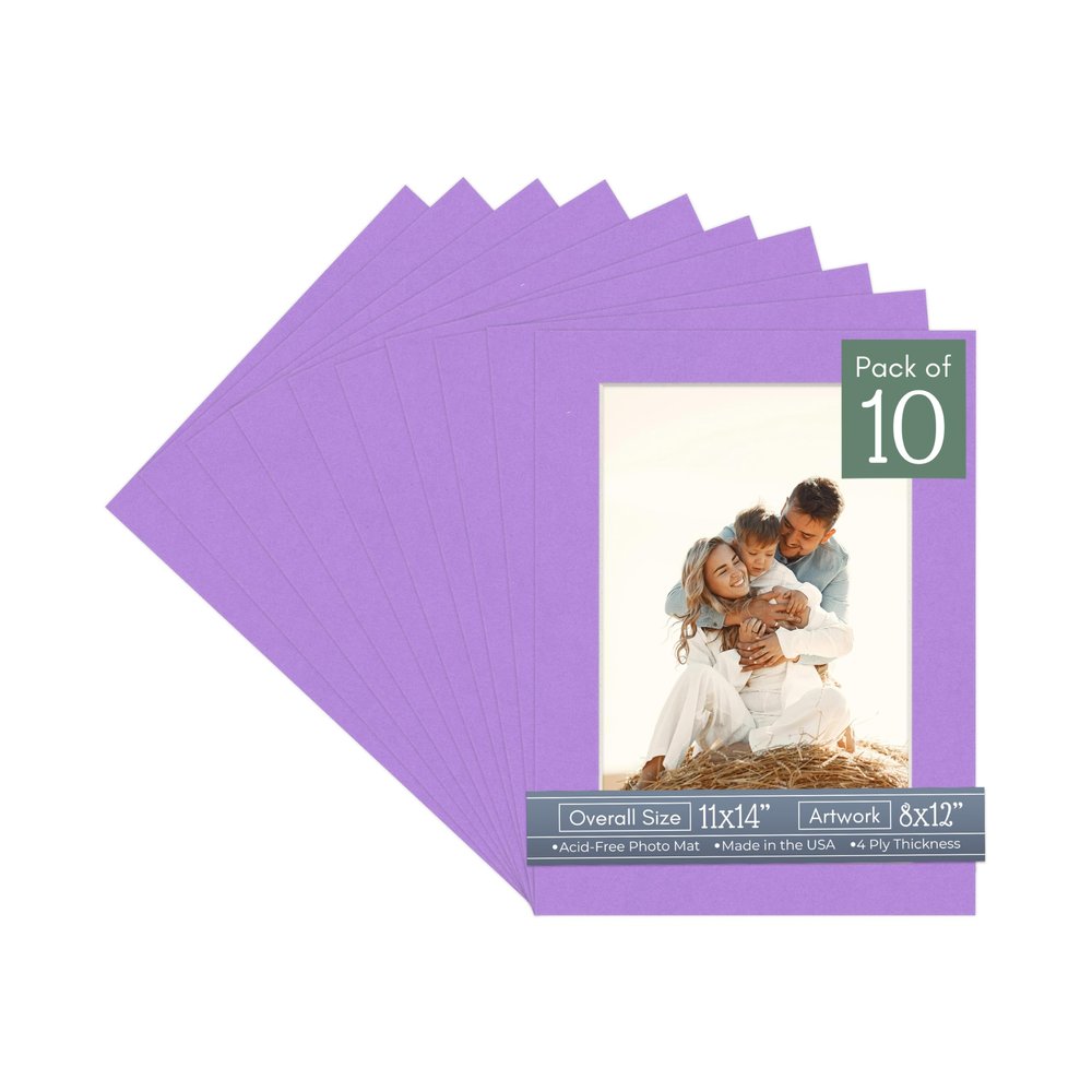 CountryArtHouse Light Purple Acid Free 11x14 Picture Frame Mats with White Core Bevel Cut for 8x12 Pictures - Fits 11x14 Frame - Pack of 10 Mats