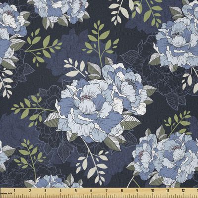 Ambesonne Floral Fabric by The Yard, Shabby Form Classic Peony Petal Blossom Beauty Feminine Vintage Motif, Microfiber Fabric for Arts and Crafts Textiles & Decor, 5 Yards, Dark Blue Pistachio Green