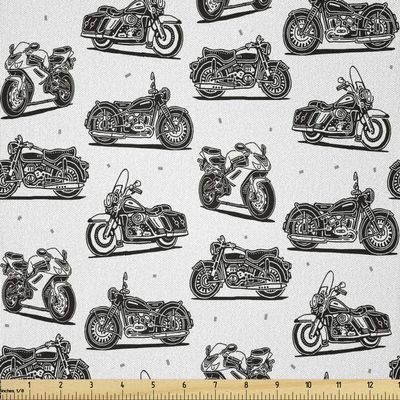 Ambesonne Motorcycle Fabric by The Yard, Retro Motorcycle Drawings of Old-Fashioned and Modern on White Background, Microfiber Fabric for Arts and Crafts Textiles & Decor, 10 Yards, Grey White Black