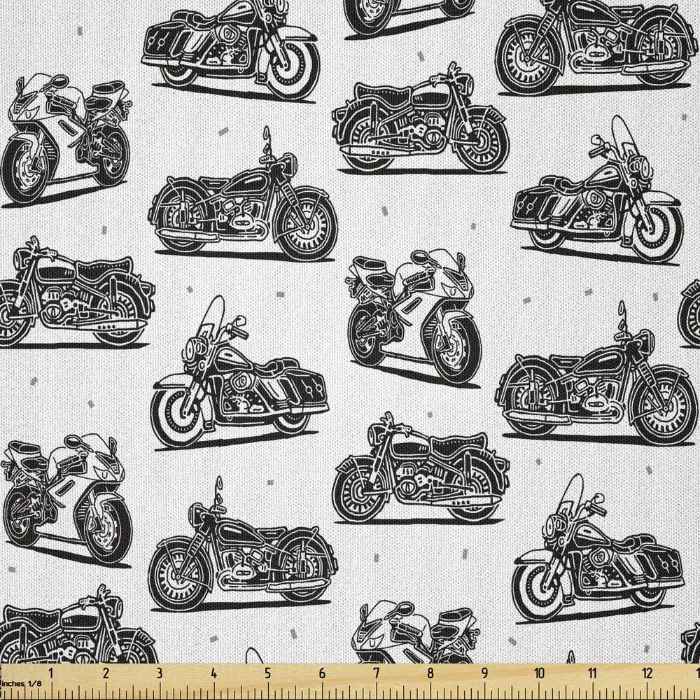 Ambesonne Motorcycle Fabric by The Yard, Retro Motorcycle Drawings of Old-Fashioned and Modern on White Background, Microfiber Fabric for Arts and Crafts Textiles & Decor, 10 Yards, Grey White Black