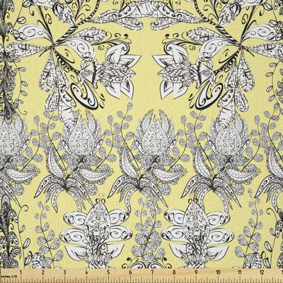Ambesonne Grey and Yellow Fabric by The Yard, Bohem Design with Flowers Leaves Swirls and Dots Image, Microfiber Fabric for Arts and Crafts Textiles & Decor, 10 Yards, Black and White