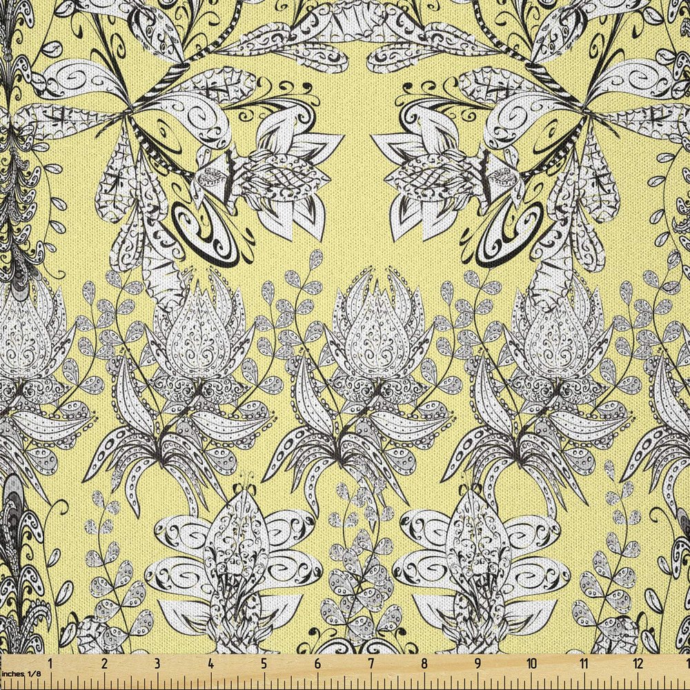 Ambesonne Grey and Yellow Fabric by The Yard, Bohem Design with Flowers Leaves Swirls and Dots Image, Microfiber Fabric for Arts and Crafts Textiles & Decor, 10 Yards, Black and White