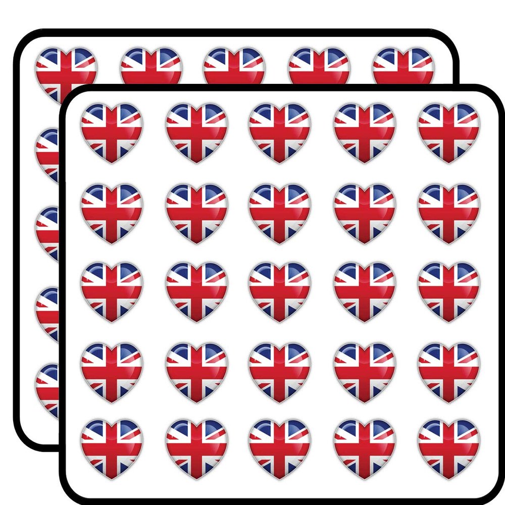 United Kingdom World Flag Glossy Heart Decorative Scrapbooking Sticker Waterproof Vinyl Stickers for Water Bottle, Laptop & Phone Case 50 Pack