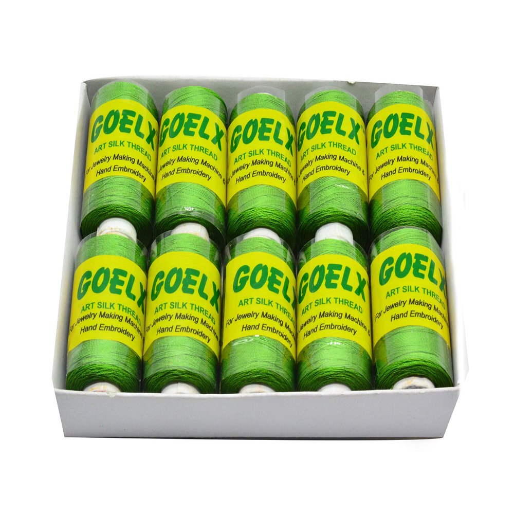Goelx Silk Thread by Shade No for Jewelry, Tassel Making, Embroidery, Crafts, Shiny Soft Thread Spools - Green - 161 D