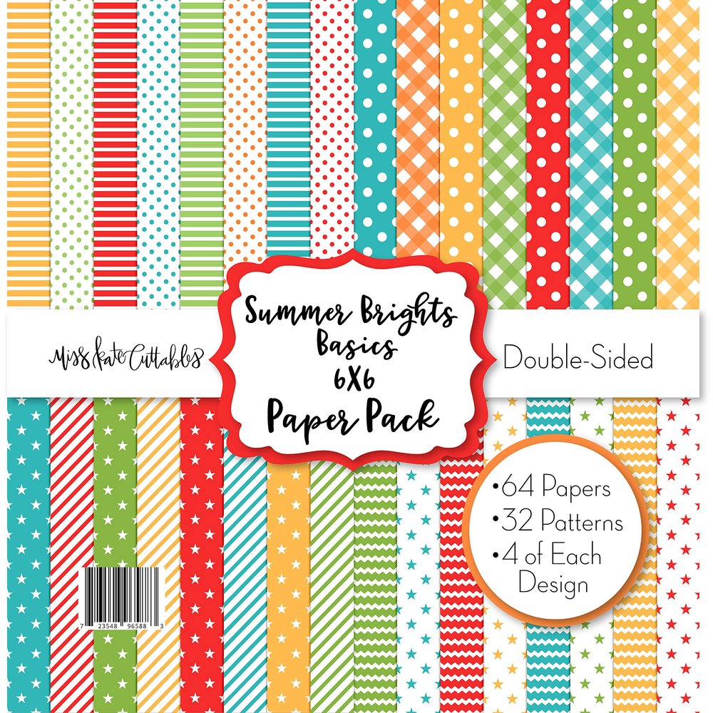 6X6 Pattern Paper Pack - Summer Brights Basics - Card Making Scrapbook Specialty Paper Double-Sided 6"x6" Collection Includes 64 Sheets - by Miss Kate Cuttables