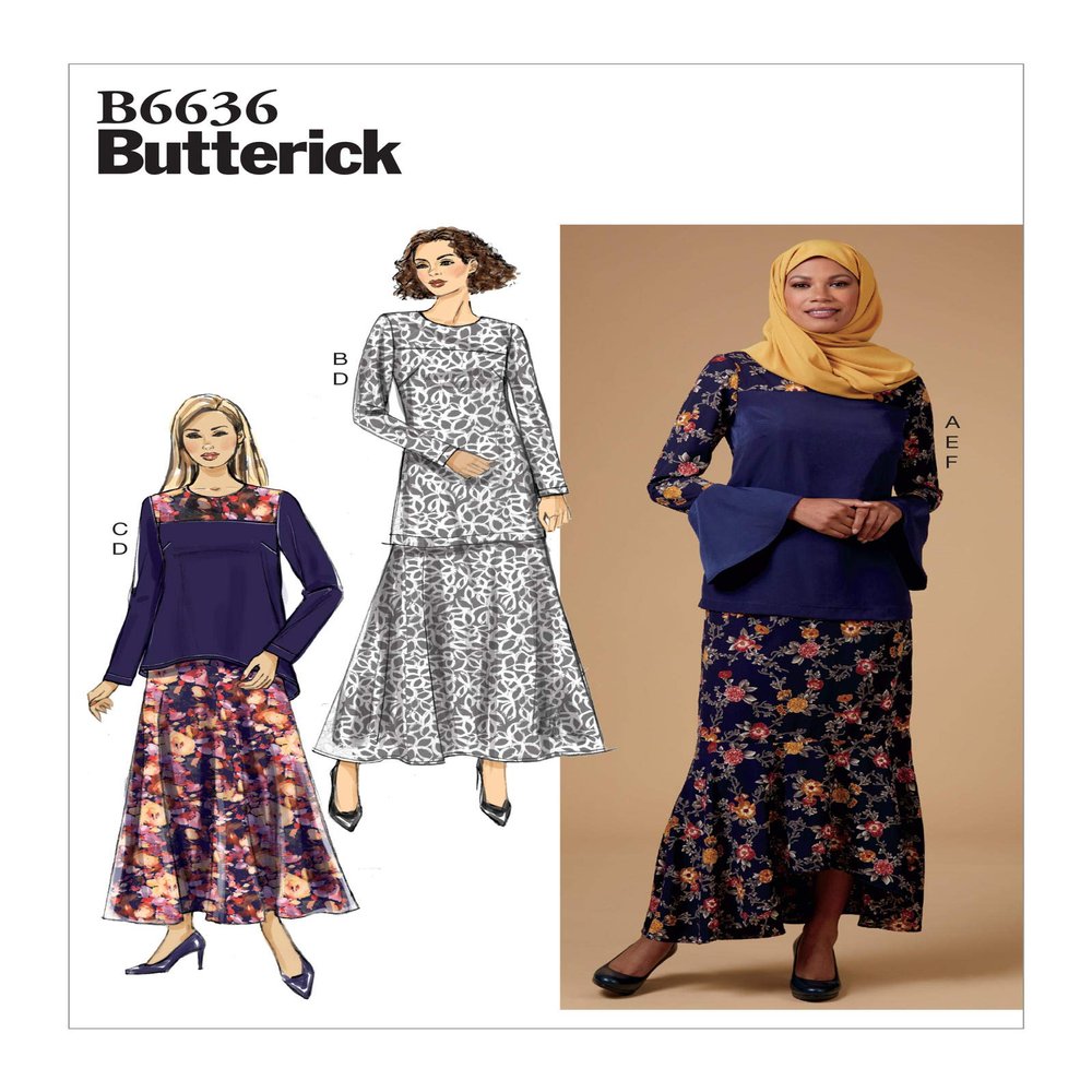 Butterick Sewing Pattern R10038 / B6636 - Misses' Top, Tunic, Skirt and Scarf, Size: E5(14-16-18-20-22)