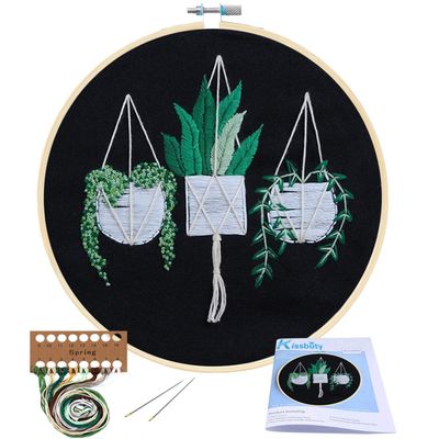 KISSBUTY Full Range of Embroidery Starter Kit with Pattern, Cross Stitch Kit Including Stamped Embroidery Fabric with Pattern, Bamboo Embroidery Hoop, Color Threads and Tool Kit (Hanging Plants)