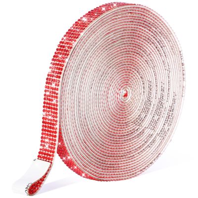 SNILOAW Self Adhesive Rhinestone Strips,Crystal Rhinestone Diamond Ribbon Tape with 2mm Rhinestones Glittering for DIY Event Phone,Car,Wedding Decor (Red, Width 0.51inch X 6.6 Yards)