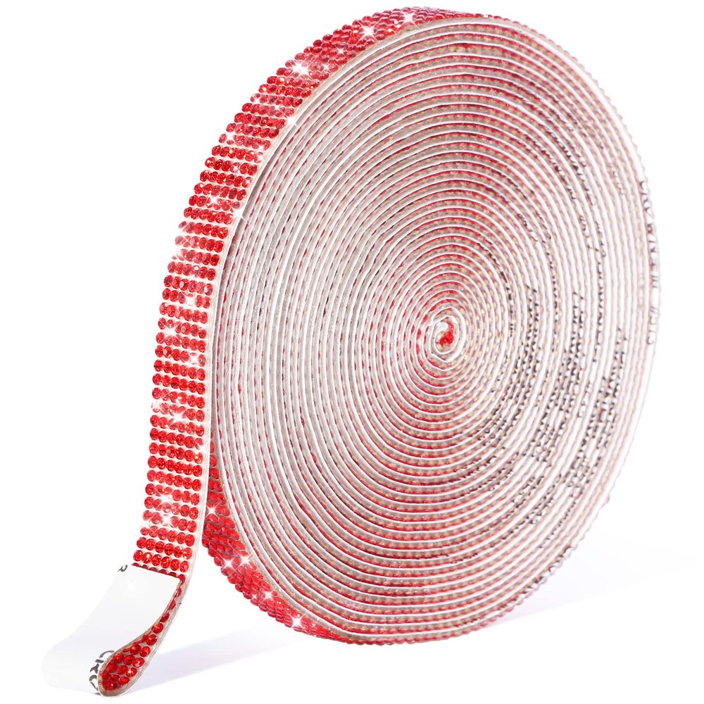 SNILOAW Self Adhesive Rhinestone Strips,Crystal Rhinestone Diamond Ribbon Tape with 2mm Rhinestones Glittering for DIY Event Phone,Car,Wedding Decor (Red, Width 0.51inch X 6.6 Yards)