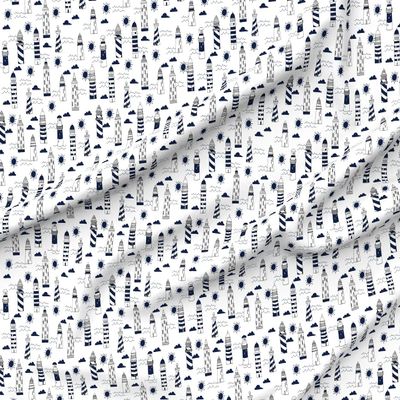 Spoonflower Fabric - Navy White Summer Nautical Ocean Sea Lighthouse Kids Printed on Denim Fabric by The Yard - Bottomweight Apparel Home Decor Upholstery