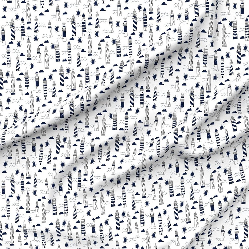 Spoonflower Fabric - Navy White Summer Nautical Ocean Sea Lighthouse Kids Printed on Denim Fabric by The Yard - Bottomweight Apparel Home Decor Upholstery