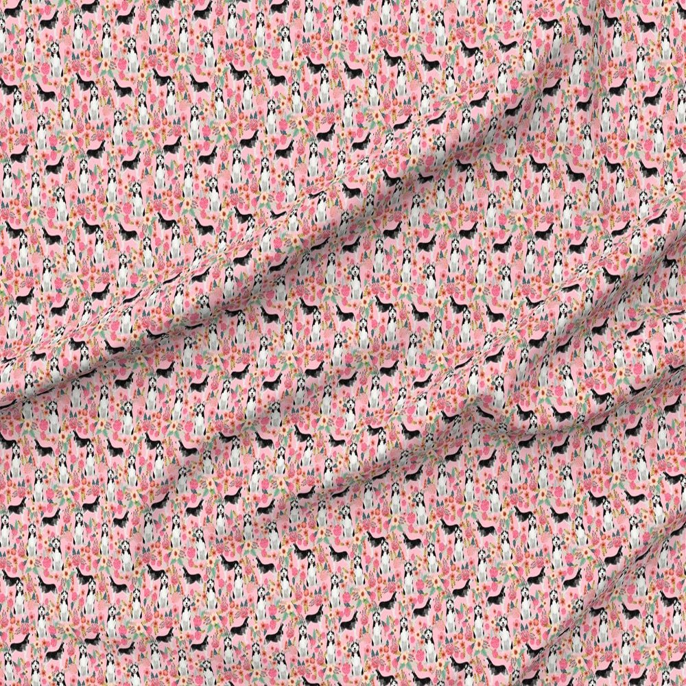 Fabric Husky Floral Cute Flowers Florals Dogs Best Pink Printed on Upholstery Velvet Fabric by the Yard - Upholstery Home Decor Bottomweight Apparel